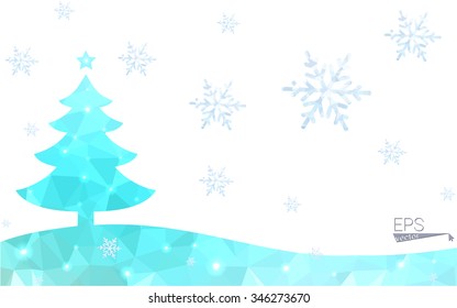 Green postcard low polygon style christmas tree vector illustration consisting of triangles.Abstract triangular polygonal origami or crystal design of New Year celebration.Isolated on white background