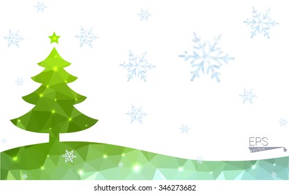 Green postcard low polygon style christmas tree vector illustration consisting of triangles.Abstract triangular polygonal origami or crystal design of New Year celebration.Isolated on white background
