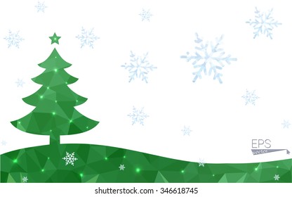 Green postcard low polygon style christmas tree vector illustration consisting of triangles.Abstract triangular polygonal origami or crystal design of New Year celebration.Isolated on white background