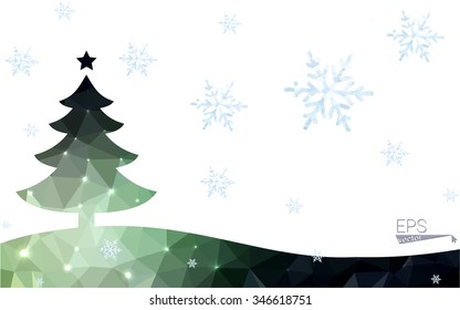 Green postcard low polygon style christmas tree vector illustration consisting of triangles.Abstract triangular polygonal origami or crystal design of New Year celebration.Isolated on white background
