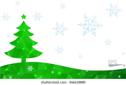 Green postcard low polygon style christmas tree vector illustration consisting of triangles.Abstract triangular polygonal origami or crystal design of New Year celebration.Isolated on white background