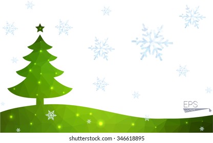 Green postcard low polygon style christmas tree vector illustration consisting of triangles.Abstract triangular polygonal origami or crystal design of New Year celebration.Isolated on white background