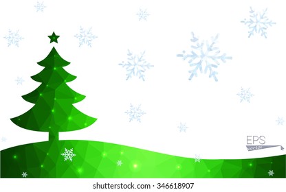 Green postcard low polygon style christmas tree vector illustration consisting of triangles.Abstract triangular polygonal origami or crystal design of New Year celebration.Isolated on white background