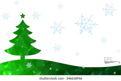 Green postcard low polygon style christmas tree vector illustration consisting of triangles.Abstract triangular polygonal origami or crystal design of New Year celebration.Isolated on white background