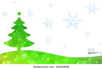Green postcard low polygon style christmas tree vector illustration consisting of triangles.Abstract triangular polygonal origami or crystal design of New Year celebration.Isolated on white background
