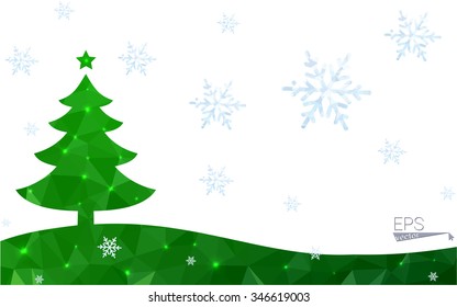 Green postcard low polygon style christmas tree vector illustration consisting of triangles.Abstract triangular polygonal origami or crystal design of New Year celebration.Isolated on white background