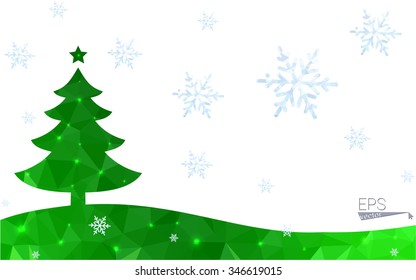 Green postcard low polygon style christmas tree vector illustration consisting of triangles.Abstract triangular polygonal origami or crystal design of New Year celebration.Isolated on white background