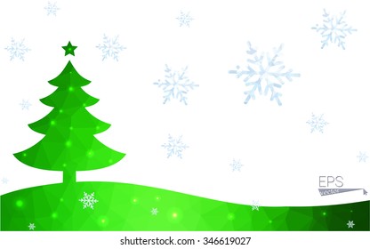 Green postcard low polygon style christmas tree vector illustration consisting of triangles.Abstract triangular polygonal origami or crystal design of New Year celebration.Isolated on white background