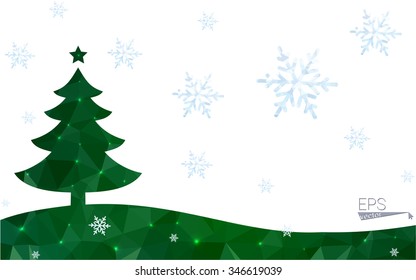 Green postcard low polygon style christmas tree vector illustration consisting of triangles.Abstract triangular polygonal origami or crystal design of New Year celebration.Isolated on white background