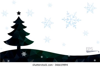 Green postcard low polygon style christmas tree vector illustration consisting of triangles.Abstract triangular polygonal origami or crystal design of New Year celebration.Isolated on white background