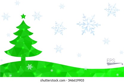 Green postcard low polygon style christmas tree vector illustration consisting of triangles.Abstract triangular polygonal origami or crystal design of New Year celebration.Isolated on white background