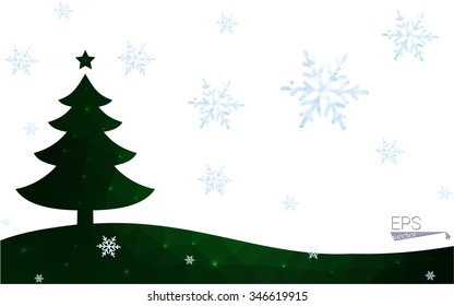 Green postcard low polygon style christmas tree vector illustration consisting of triangles.Abstract triangular polygonal origami or crystal design of New Year celebration.Isolated on white background