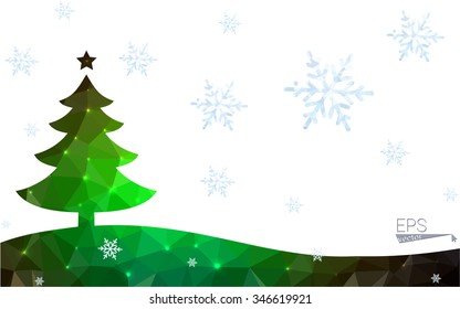 Green postcard low polygon style christmas tree vector illustration consisting of triangles.Abstract triangular polygonal origami or crystal design of New Year celebration.Isolated on white background