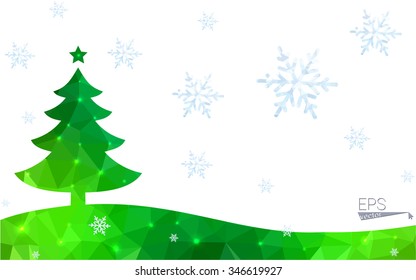 Green postcard low polygon style christmas tree vector illustration consisting of triangles.Abstract triangular polygonal origami or crystal design of New Year celebration.Isolated on white background