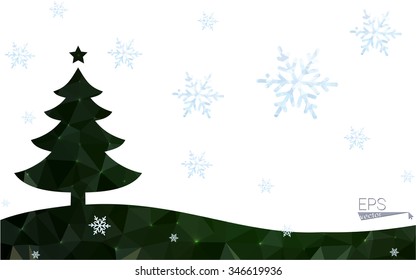Green postcard low polygon style christmas tree vector illustration consisting of triangles.Abstract triangular polygonal origami or crystal design of New Year celebration.Isolated on white background