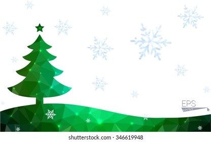 Green postcard low polygon style christmas tree vector illustration consisting of triangles.Abstract triangular polygonal origami or crystal design of New Year celebration.Isolated on white background Green postcard low polygon style christmas tree vector illustration consisting of triangles.Abstract triangular polygonal origami or crystal design of New Year celebration.Isolated on white background