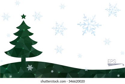 Green postcard low polygon style christmas tree vector illustration consisting of triangles.Abstract triangular polygonal origami or crystal design of New Year celebration.Isolated on white background