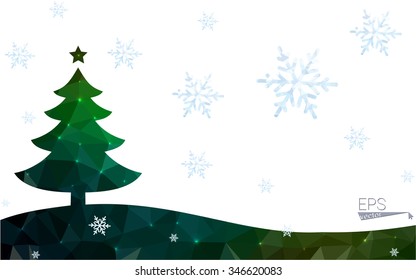 Green postcard low polygon style christmas tree vector illustration consisting of triangles.Abstract triangular polygonal origami or crystal design of New Year celebration.Isolated on white background