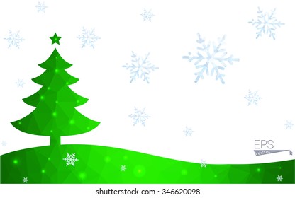 Green postcard low polygon style christmas tree vector illustration consisting of triangles.Abstract triangular polygonal origami or crystal design of New Year celebration.Isolated on white background