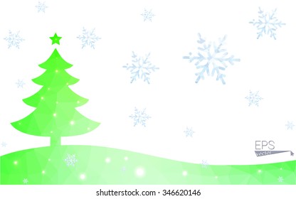 Green postcard low polygon style christmas tree vector illustration consisting of triangles.Abstract triangular polygonal origami or crystal design of New Year celebration.Isolated on white background
