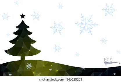 Green postcard low polygon style christmas tree vector illustration consisting of triangles.Abstract triangular polygonal origami or crystal design of New Year celebration.Isolated on white background