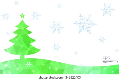 Green postcard low polygon style christmas tree vector illustration consisting of triangles.Abstract triangular polygonal origami or crystal design of New Year celebration.Isolated on white background
