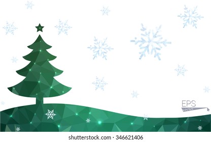 Green postcard low polygon style christmas tree vector illustration consisting of triangles.Abstract triangular polygonal origami or crystal design of New Year celebration.Isolated on white background