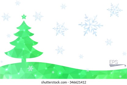 Green postcard low polygon style christmas tree vector illustration consisting of triangles.Abstract triangular polygonal origami or crystal design of New Year celebration.Isolated on white background
