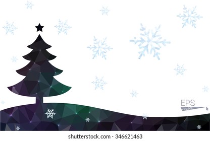 Green postcard low polygon style christmas tree vector illustration consisting of triangles.Abstract triangular polygonal origami or crystal design of New Year celebration.Isolated on white background