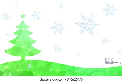 Green postcard low polygon style christmas tree vector illustration consisting of triangles.Abstract triangular polygonal origami or crystal design of New Year celebration.Isolated on white background