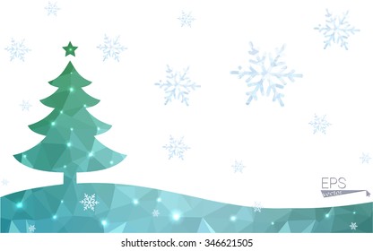 Green postcard low polygon style christmas tree vector illustration consisting of triangles.Abstract triangular polygonal origami or crystal design of New Year celebration.Isolated on white background