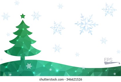 Green postcard low polygon style christmas tree vector illustration consisting of triangles.Abstract triangular polygonal origami or crystal design of New Year celebration.Isolated on white background