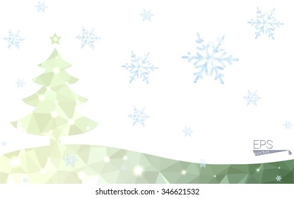 Green postcard low polygon style christmas tree vector illustration consisting of triangles.Abstract triangular polygonal origami or crystal design of New Year celebration.Isolated on white background