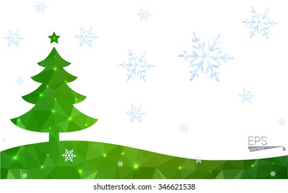 Green postcard low polygon style christmas tree vector illustration consisting of triangles.Abstract triangular polygonal origami or crystal design of New Year celebration.Isolated on white background