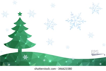 Green postcard low polygon style christmas tree vector illustration consisting of triangles.Abstract triangular polygonal origami or crystal design of New Year celebration.Isolated on white background