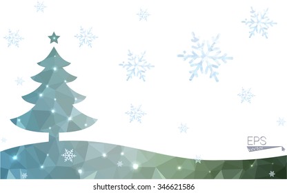 Green postcard low polygon style christmas tree vector illustration consisting of triangles.Abstract triangular polygonal origami or crystal design of New Year celebration.Isolated on white background