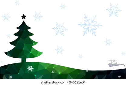Green postcard low polygon style christmas tree vector illustration consisting of triangles.Abstract triangular polygonal origami or crystal design of New Year celebration.Isolated on white background