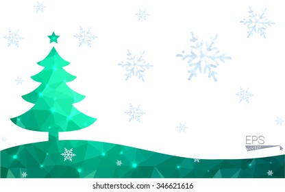 Green postcard low polygon style christmas tree vector illustration consisting of triangles.Abstract triangular polygonal origami or crystal design of New Year celebration.Isolated on white background