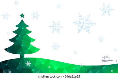 Green postcard low polygon style christmas tree vector illustration consisting of triangles.Abstract triangular polygonal origami or crystal design of New Year celebration.Isolated on white background