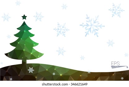 Green postcard low polygon style christmas tree vector illustration consisting of triangles.Abstract triangular polygonal origami or crystal design of New Year celebration.Isolated on white background Green postcard low polygon style christmas tree vector illustration consisting of triangles.Abstract triangular polygonal origami or crystal design of New Year celebration.Isolated on white background