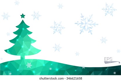 Green postcard low polygon style christmas tree vector illustration consisting of triangles.Abstract triangular polygonal origami or crystal design of New Year celebration.Isolated on white background