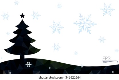Green postcard low polygon style christmas tree vector illustration consisting of triangles.Abstract triangular polygonal origami or crystal design of New Year celebration.Isolated on white background