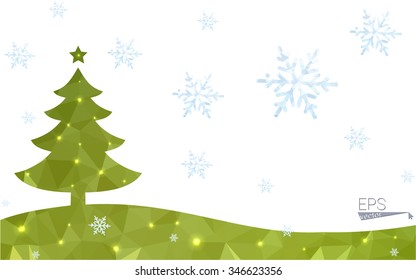 Green postcard low polygon style christmas tree vector illustration consisting of triangles.Abstract triangular polygonal origami or crystal design of New Year celebration.Isolated on white background