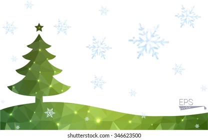 Green postcard low polygon style christmas tree vector illustration consisting of triangles.Abstract triangular polygonal origami or crystal design of New Year celebration.Isolated on white background
