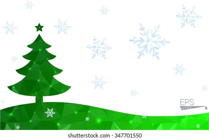 Green postcard low polygon style christmas tree vector illustration consisting of triangles. Abstract triangular polygonal origami or crystal design of New Year celebration. Isolated on white background