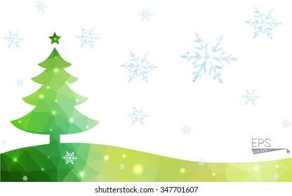 Green postcard low polygon style christmas tree vector illustration consisting of triangles.Abstract triangular polygonal origami or crystal design of New Year celebration.Isolated on white background