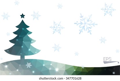 Green postcard low polygon style christmas tree vector illustration consisting of triangles.Abstract triangular polygonal origami or crystal design of New Year celebration.Isolated on white background