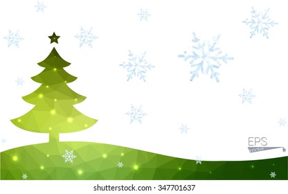 Green postcard low polygon style christmas tree vector illustration consisting of triangles.Abstract triangular polygonal origami or crystal design of New Year celebration.Isolated on white background