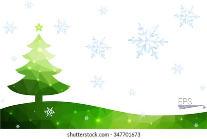 Green postcard low polygon style christmas tree vector illustration consisting of triangles.Abstract triangular polygonal origami or crystal design of New Year celebration.Isolated on white background