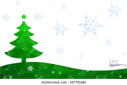 Green postcard low polygon style christmas tree vector illustration consisting of triangles.Abstract triangular polygonal origami or crystal design of New Year celebration.Isolated on white background